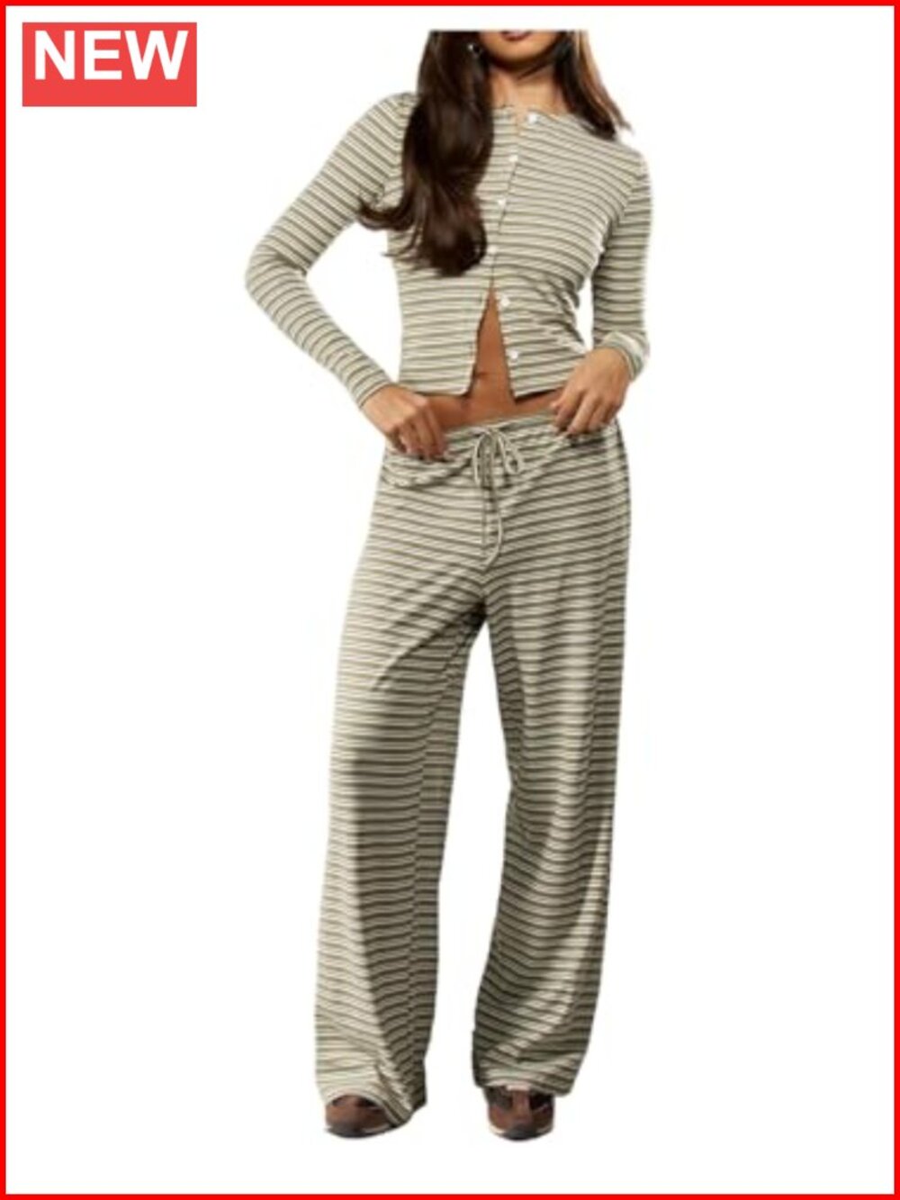 SweatyRocks Striped 2 Piece Outfit Button Down Long Sleeve Knit Top